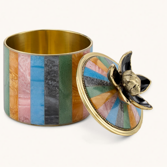 Large Multi Striped Circus Trinket Box, Brass and Resin