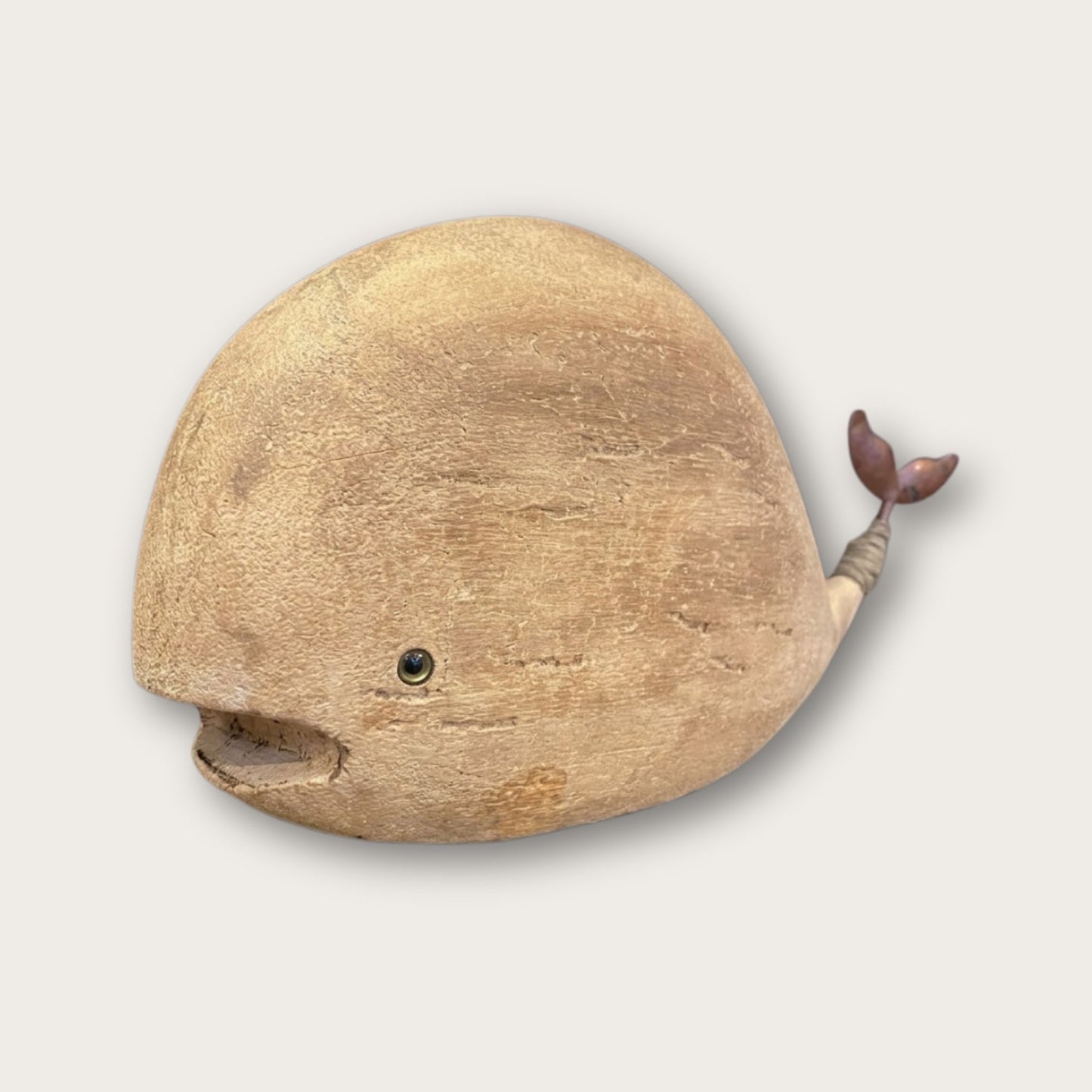 Decorative Brown Wooden Whale Figurine with Metal Tail