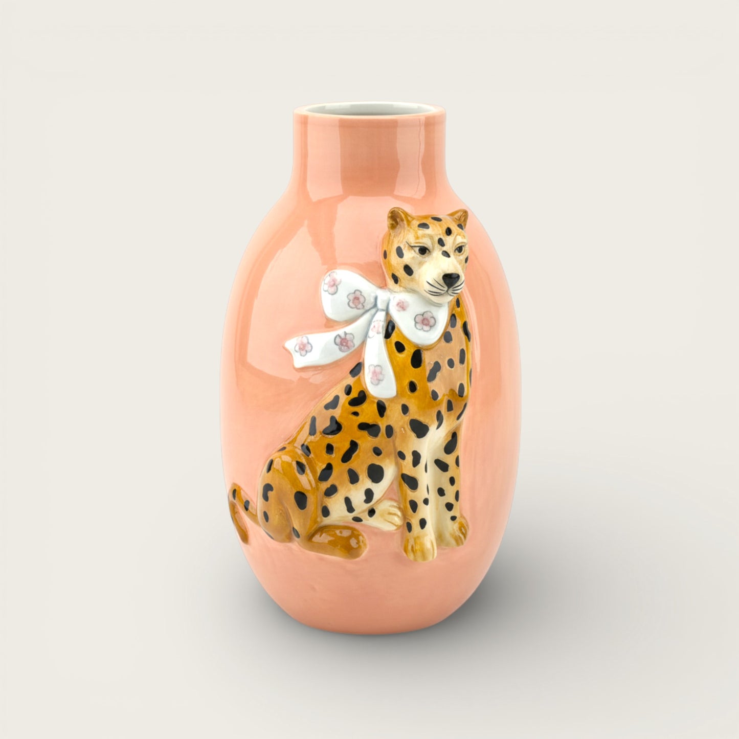 Embossed Leopard Peach Ceramic Oval Vase