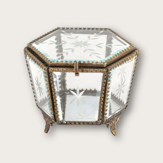 French Victorian Style Etched Clear Trinket Box