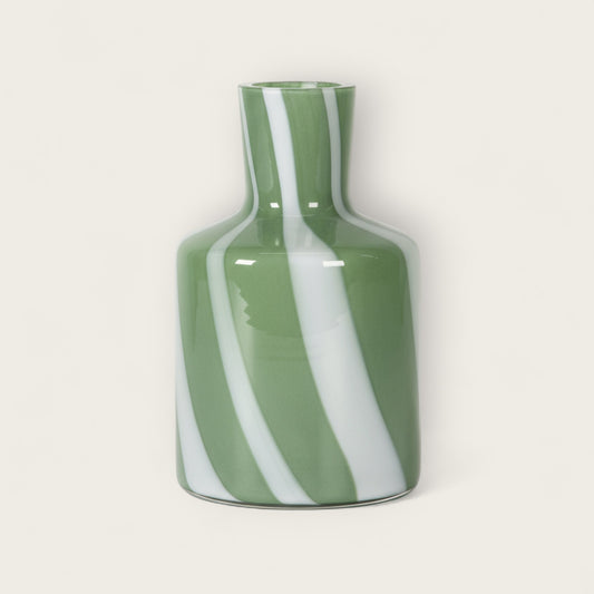 Glass Bud Vase, Green and White Humbug Stripe Design