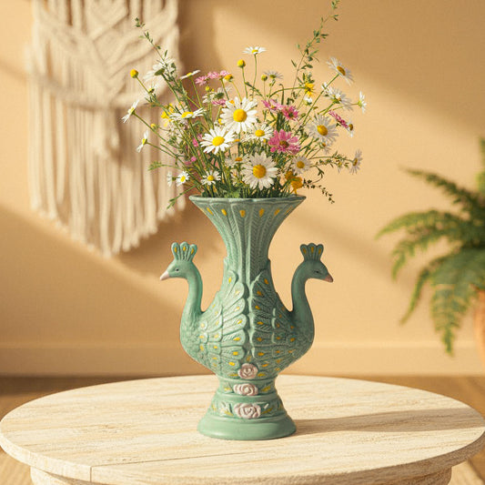 Hand-Painted RICE Ceramic Peacock Vase