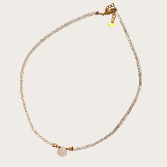 Handmade Clear Quartz Crystal Gemstone Necklace with Rose Quartz Pendant