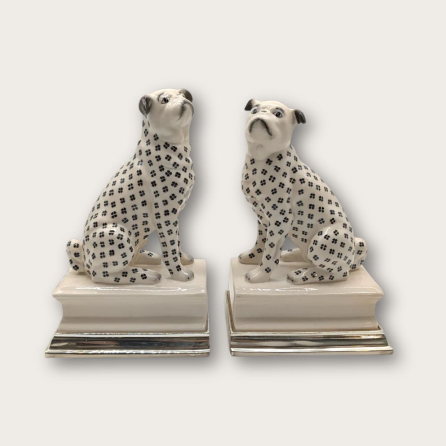 Handpainted Porcelain and Silver Plated Pug Dog Bookends