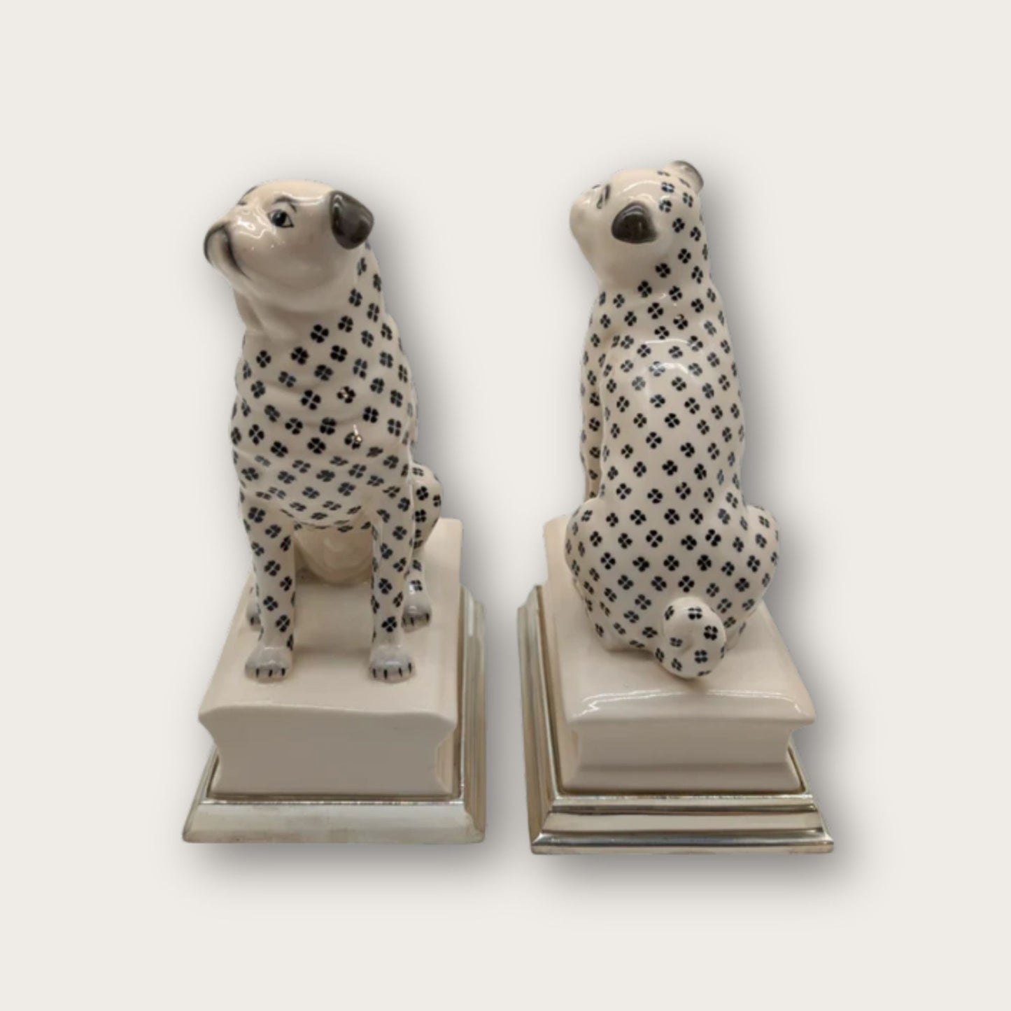 Handpainted Porcelain and Silver Plated Pug Dog Bookends