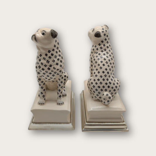 Handpainted Porcelain and Silver Plated Pug Dog Bookends