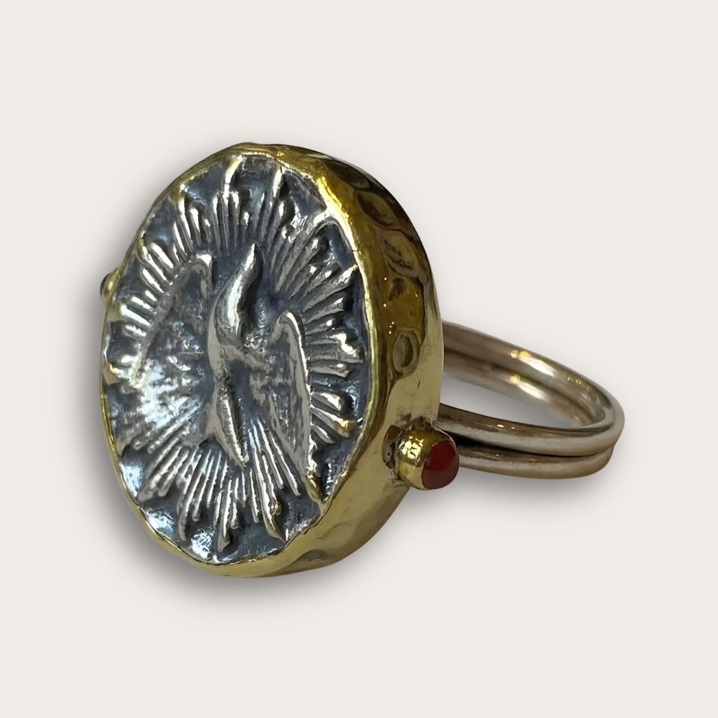 Holy Spirit Dove Silver Round Adjustable Ring with Rubies