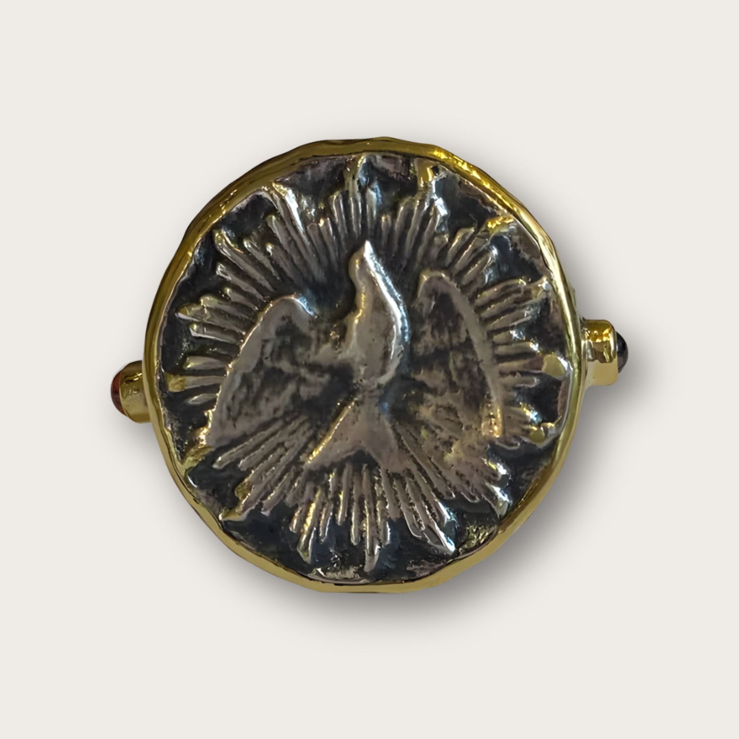 Holy Spirit Dove Silver Round Adjustable Ring with Rubies