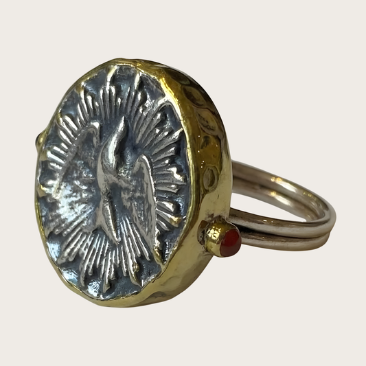 Holy Spirit Dove Silver Round Adjustable Ring with Rubies