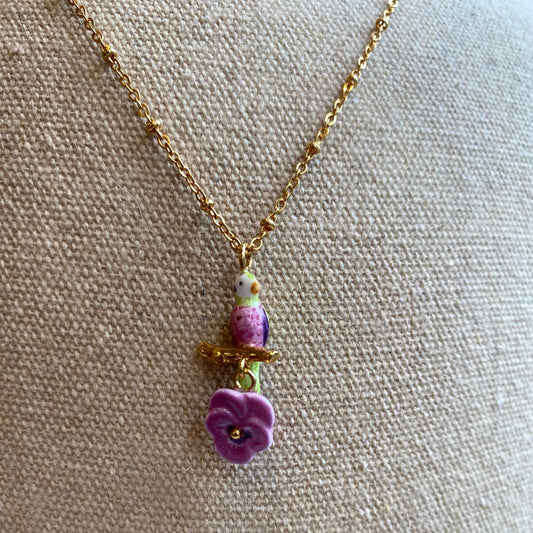 Nach Bird on Pansy Flower Handcrafted Necklace