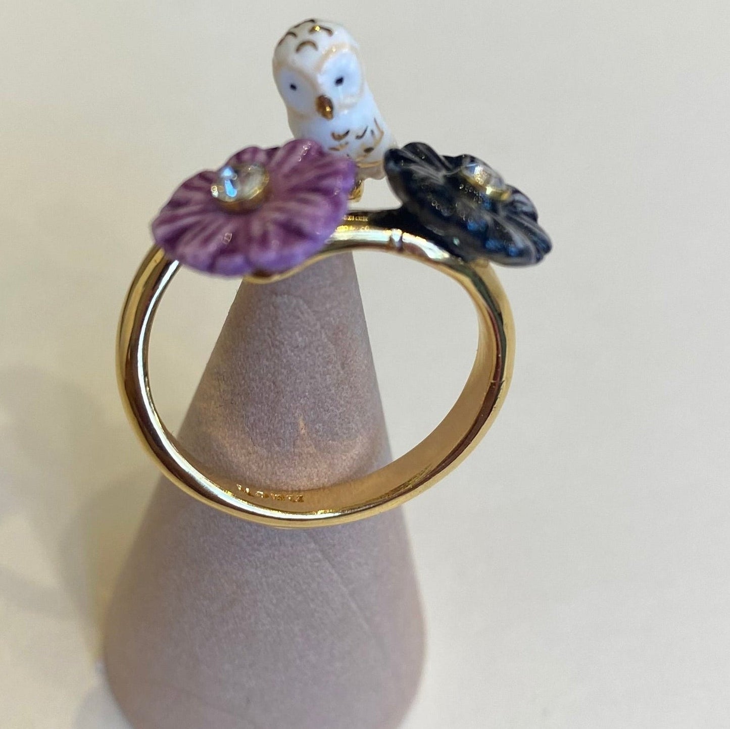 Nach Handmade White Owl and Aster Flowers Adjustable Ring