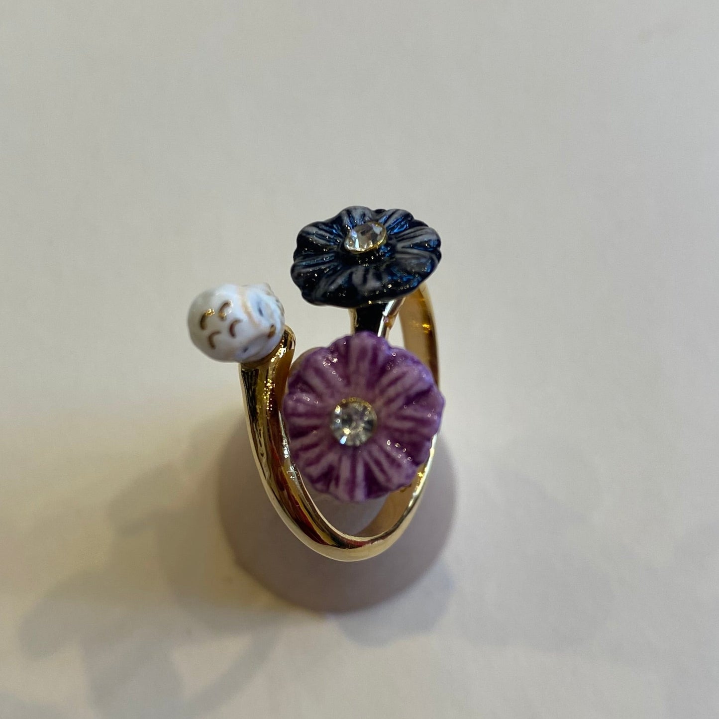 Nach Handmade White Owl and Aster Flowers Adjustable Ring