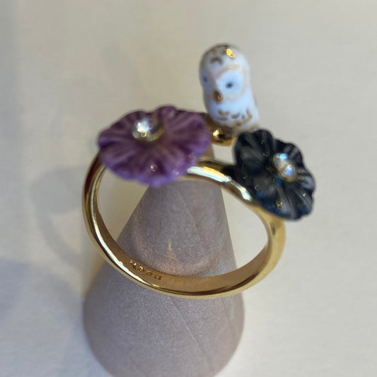 Nach Handmade White Owl and Aster Flowers Adjustable Ring