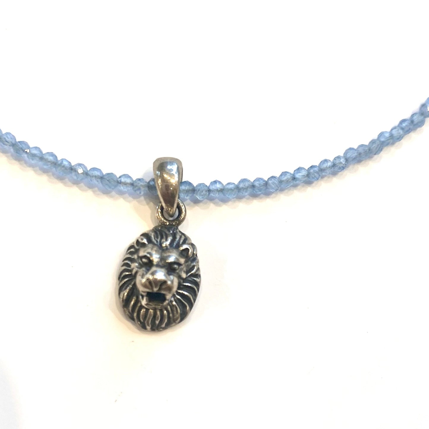 Handmade Angelite Beaded Gemstone Necklace with Sterling Silver Lions Head Pendant Charm