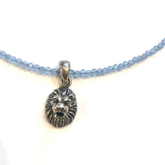 Handmade Angelite Beaded Gemstone Necklace with Sterling Silver Lions Head Pendant Charm