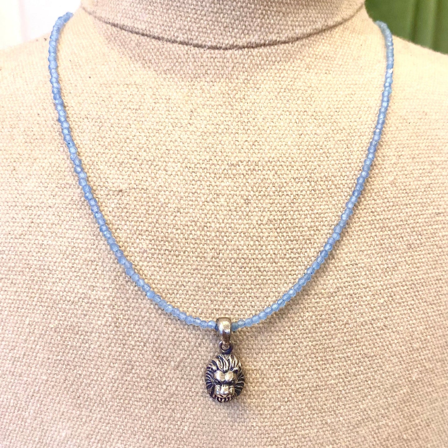Handmade Angelite Beaded Gemstone Necklace with Sterling Silver Lions Head Pendant Charm