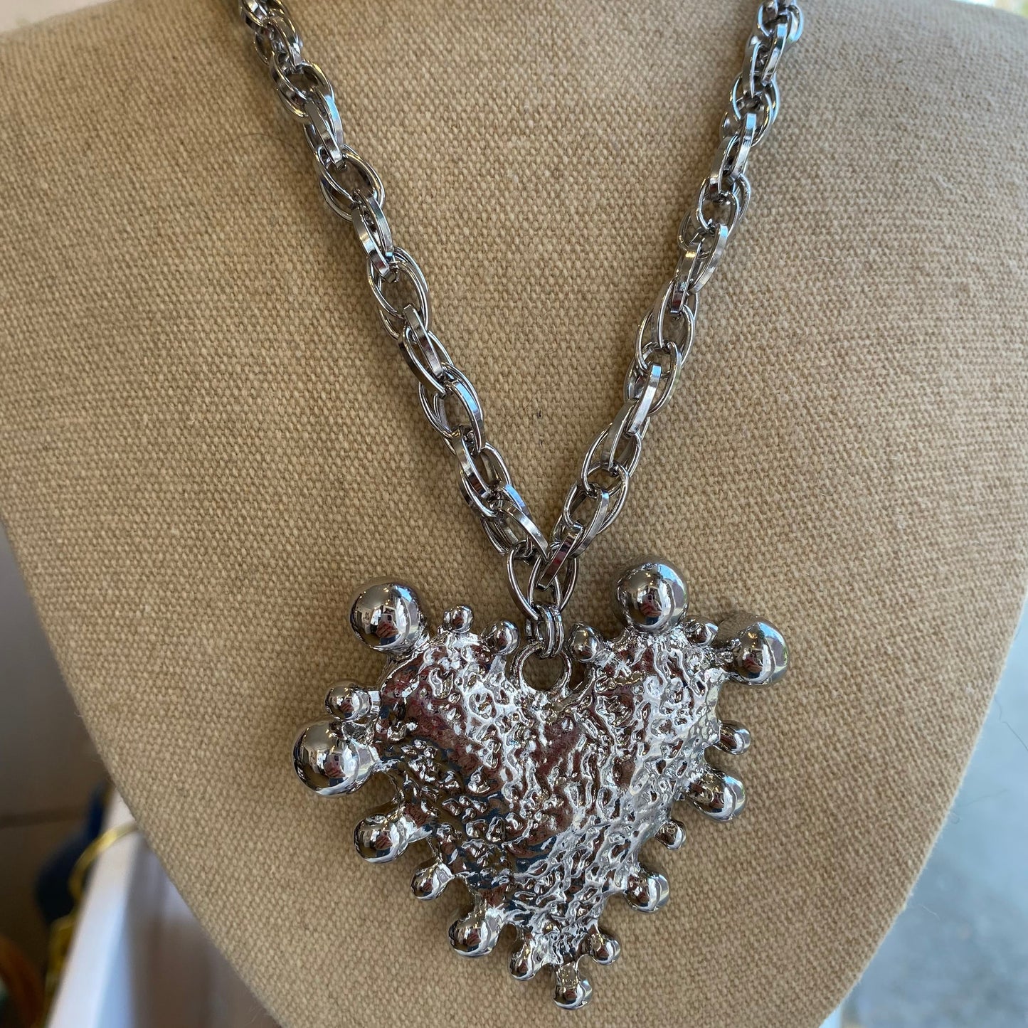 Crinkled Heart Pendant Necklace, Stainless Steel