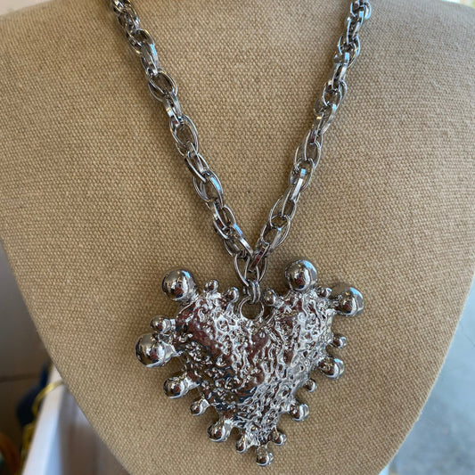 Crinkled Heart Pendant Necklace, Stainless Steel