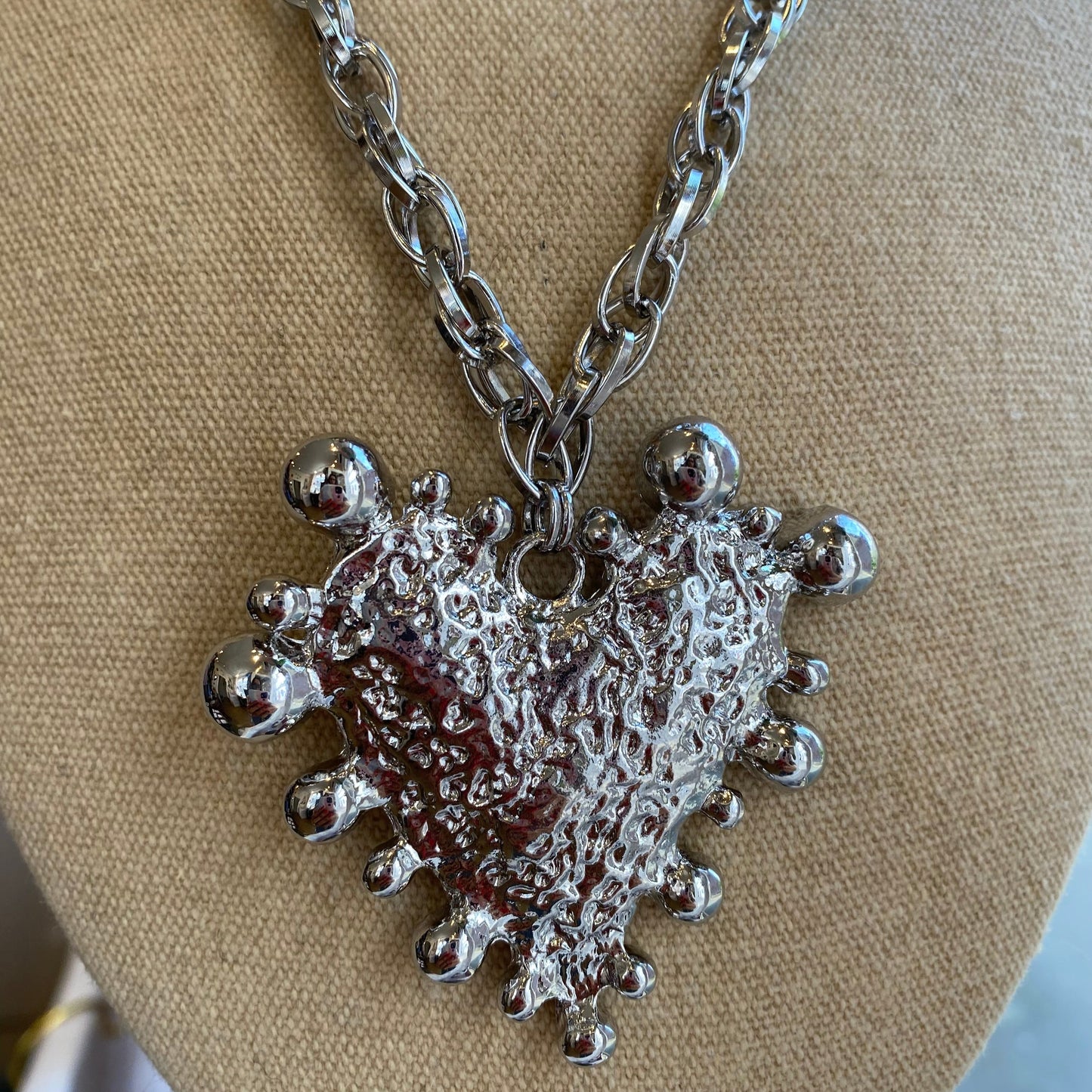 Crinkled Heart Pendant Necklace, Stainless Steel