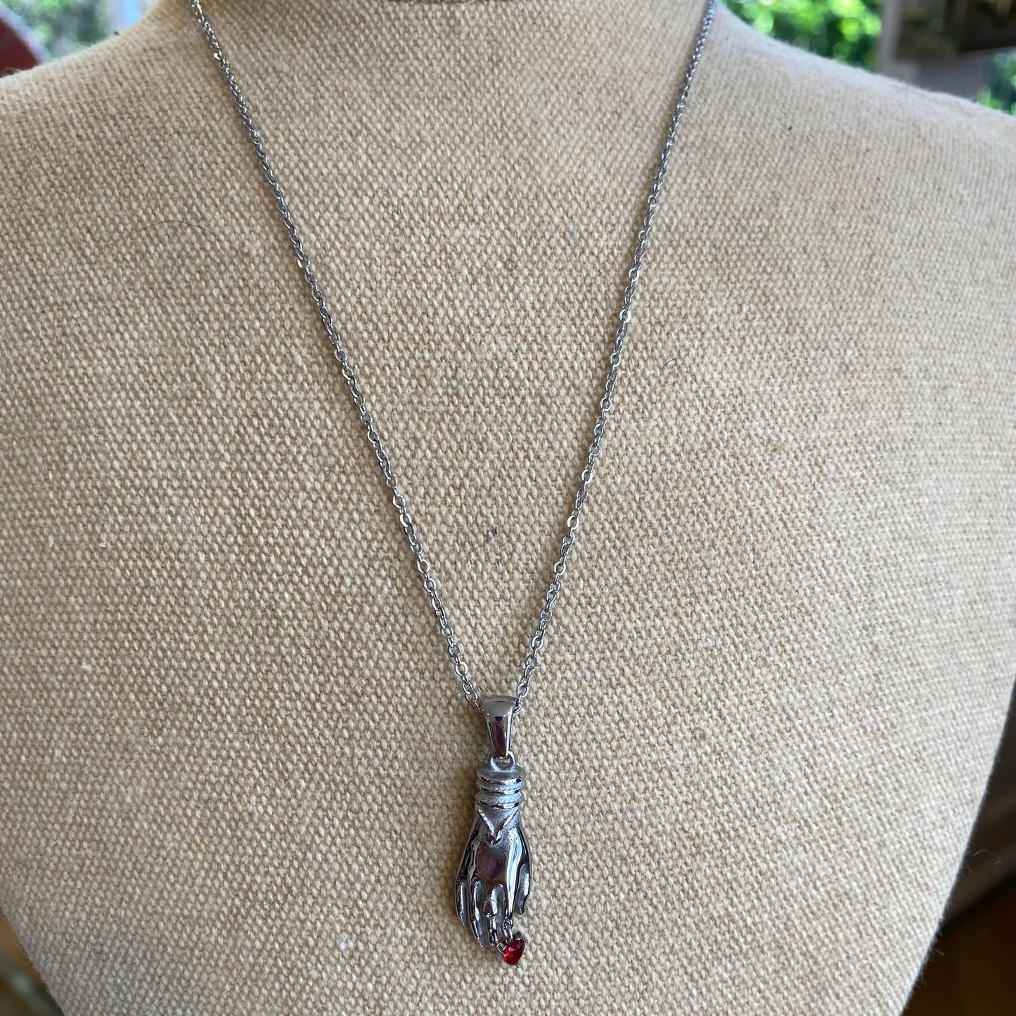 Mano-Figa Hand and Heart Necklace, Stainless Steel