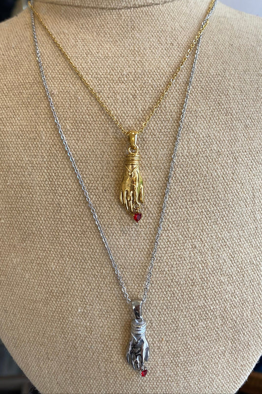 Mano-Figa Hand and Heart Necklace, Stainless Steel