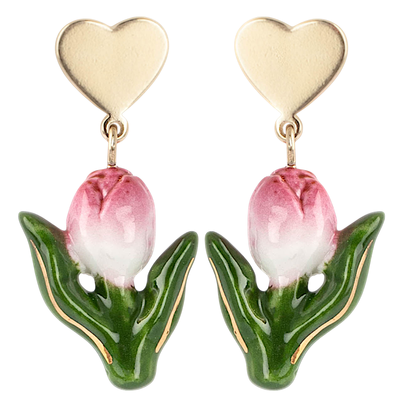 Nach Porcelain Pink Tulip and Heart Stud Earrings, Handmade, Hand Painted