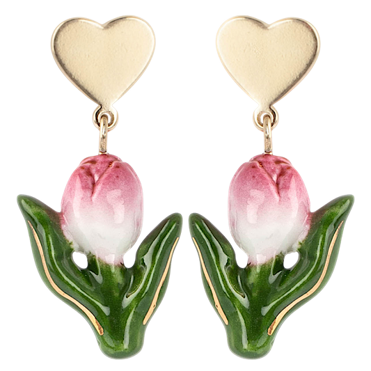 Nach Porcelain Pink Tulip and Heart Stud Earrings, Handmade, Hand Painted