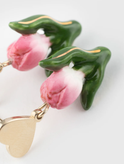 Nach Porcelain Pink Tulip and Heart Stud Earrings, Handmade, Hand Painted