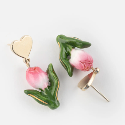 Nach Porcelain Pink Tulip and Heart Stud Earrings, Handmade, Hand Painted