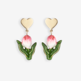Nach Porcelain Pink Tulip and Heart Stud Earrings, Handmade, Hand Painted