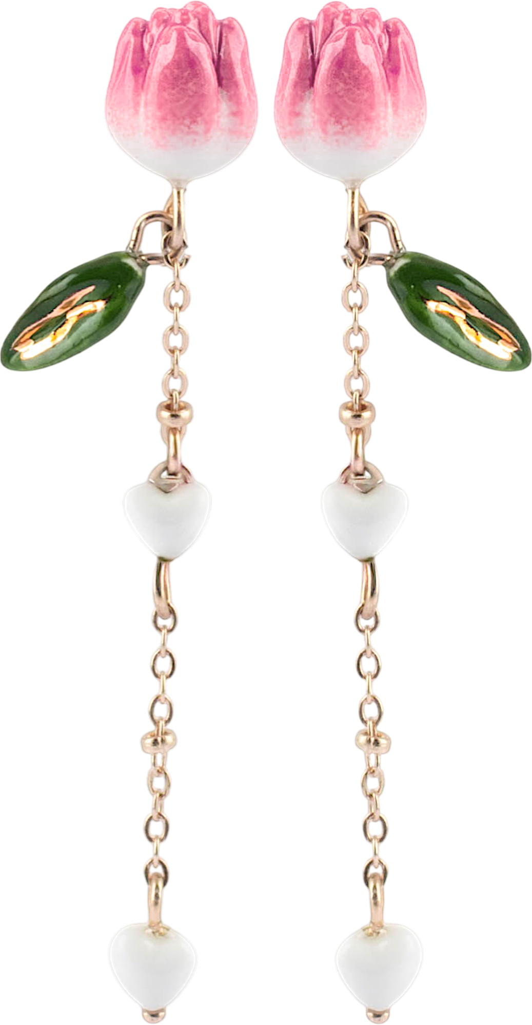 Nach Pink Tulip Chain Drop Stud Porcelain Earrings, Handmade, Hand Painted