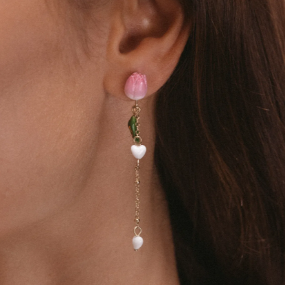 Nach Pink Tulip Chain Drop Stud Porcelain Earrings, Handmade, Hand Painted