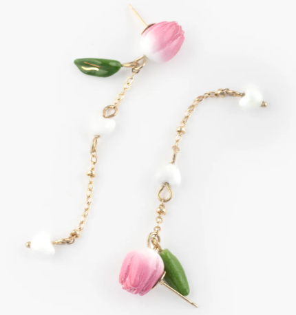 Nach Pink Tulip Chain Drop Stud Porcelain Earrings, Handmade, Hand Painted
