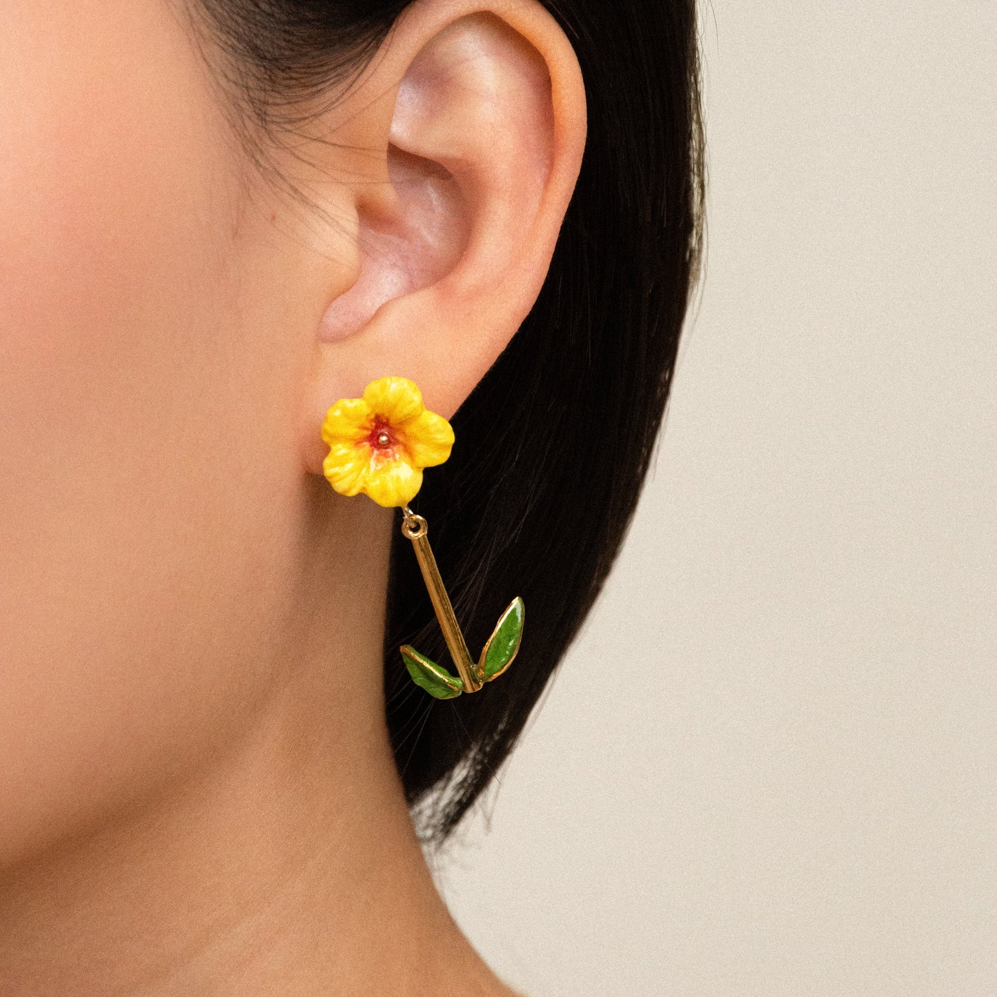 Nach Yellow Hibiscus Pendant and Leaf Porcelain Dangle Earrings, Handmade, Hand Painted