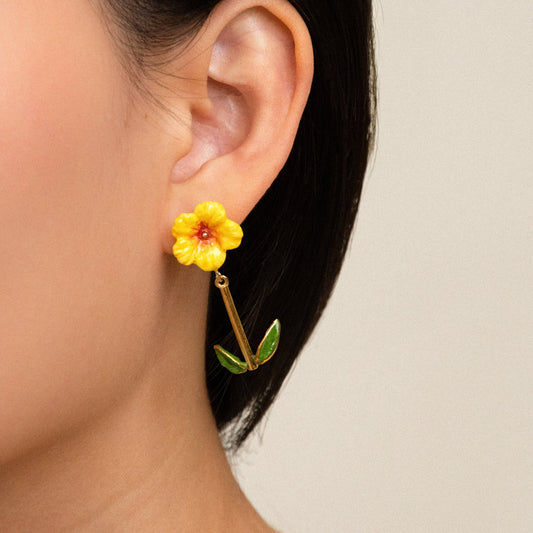 Nach Yellow Hibiscus Pendant and Leaf Porcelain Dangle Earrings, Handmade, Hand Painted
