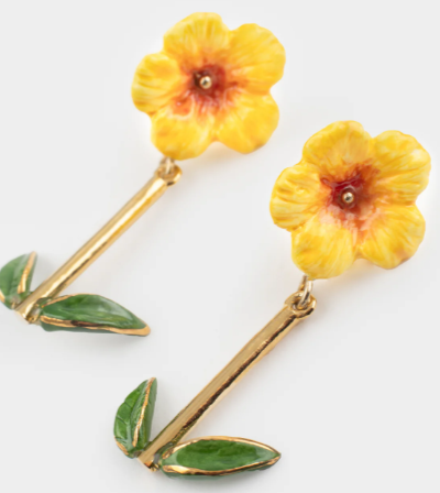 Nach Yellow Hibiscus Pendant and Leaf Porcelain Dangle Earrings, Handmade, Hand Painted