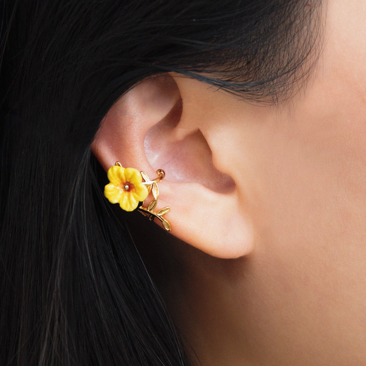 Nach Yellow Hibiscus Ear Cuff Earring, Handmade, Hand Painted