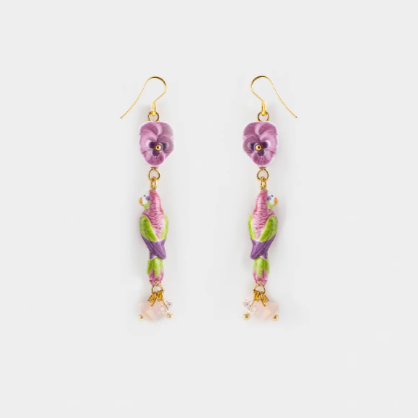 Nach Figs and Flowers Parrot Porcelain Pendant Earrings, Handmade, Hand Painted