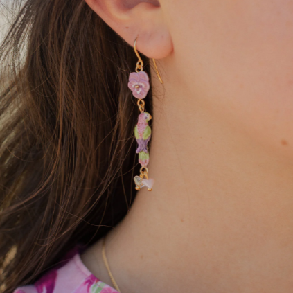 Nach Figs and Flowers Parrot Porcelain Pendant Earrings, Handmade, Hand Painted