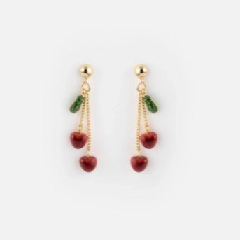 Nach Chain and Cherry Dangle Porcelain Earrings - Chérie Cherry, Handmade, Hand Painted