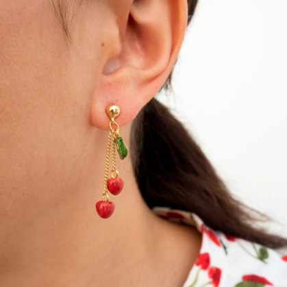 Nach Chain and Cherry Dangle Porcelain Earrings - Chérie Cherry, Handmade, Hand Painted