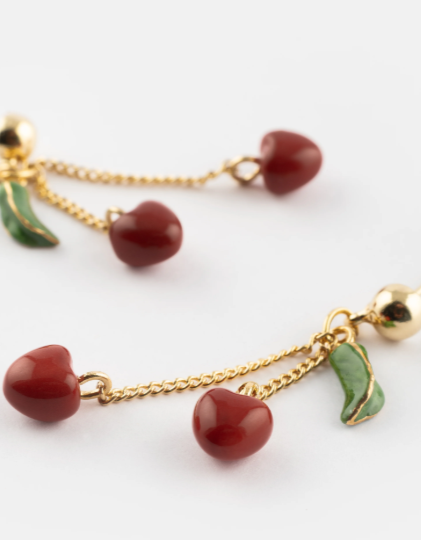 Nach Chain and Cherry Dangle Porcelain Earrings - Chérie Cherry, Handmade, Hand Painted