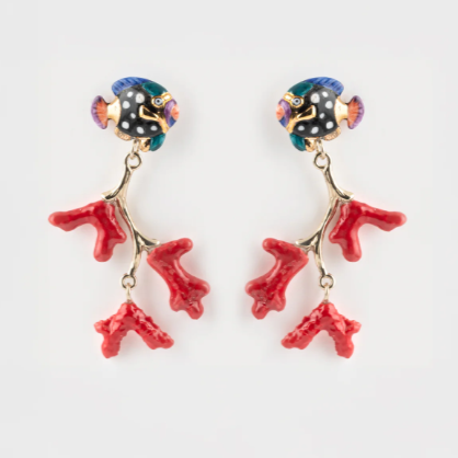 Nach Fish Stud with Coral Dangle Porcelain Earrings, Handmade, Hand Painted