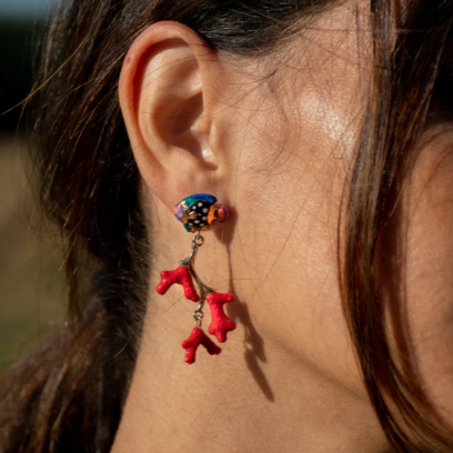 Nach Fish Stud with Coral Dangle Porcelain Earrings, Handmade, Hand Painted