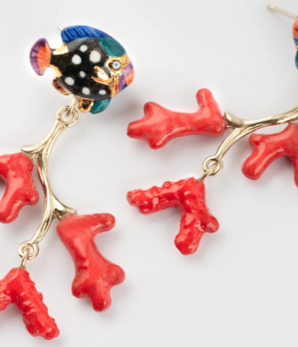 Nach Fish Stud with Coral Dangle Porcelain Earrings, Handmade, Hand Painted