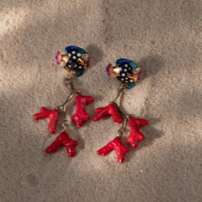 Nach Fish Stud with Coral Dangle Porcelain Earrings, Handmade, Hand Painted