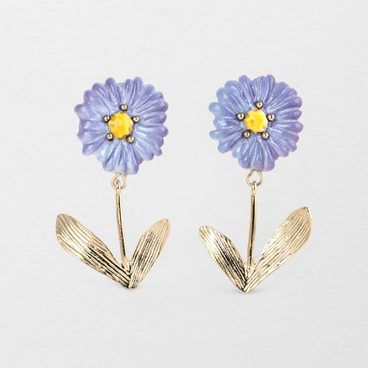 Nach Purple Anemone Flower Porcelain Pendant Earrings, Handmade, Hand Painted