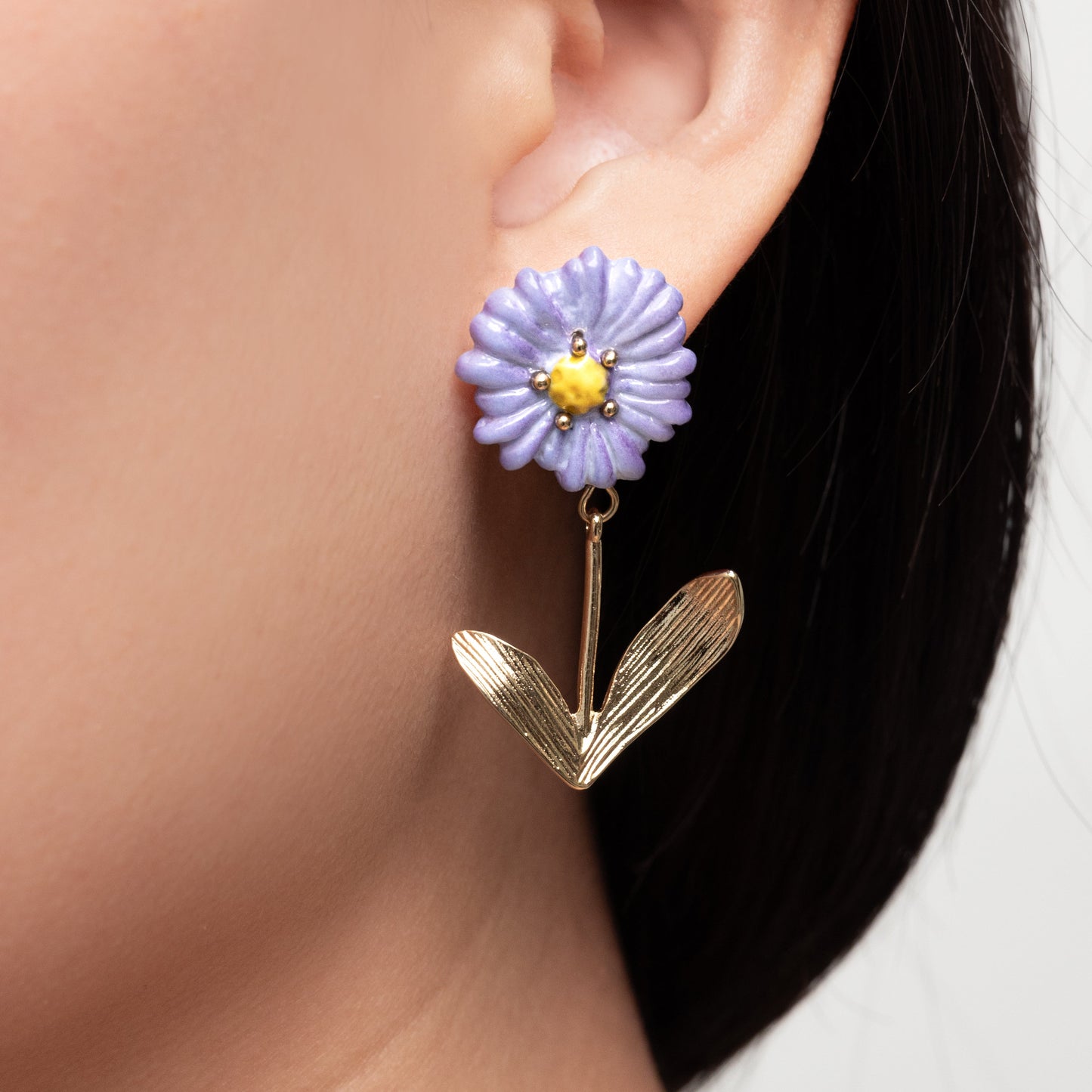 Nach Purple Anemone Flower Porcelain Pendant Earrings, Handmade, Hand Painted