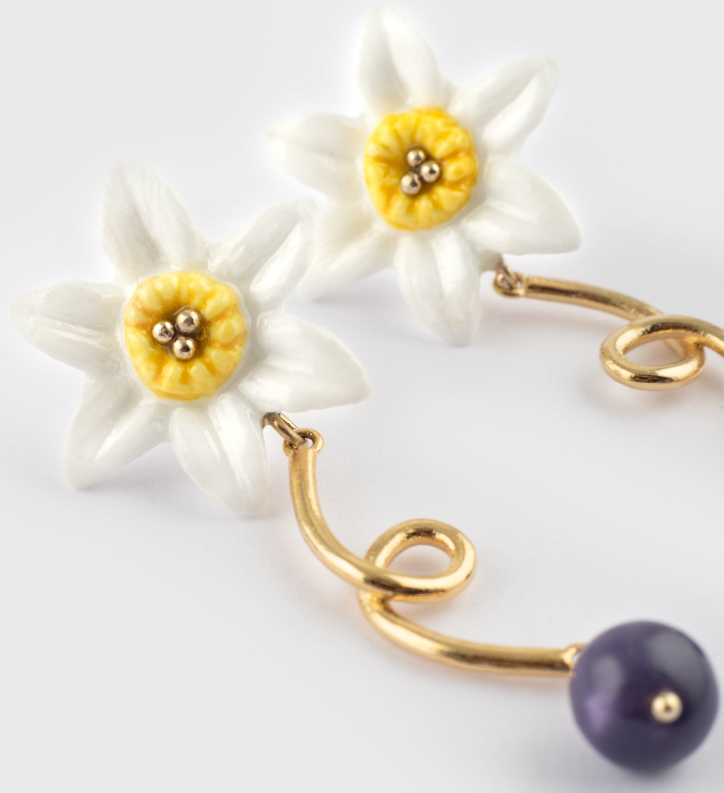 Nach Daffodil Flower Porcelain Pendant Earrings, Handmade, Hand Painted