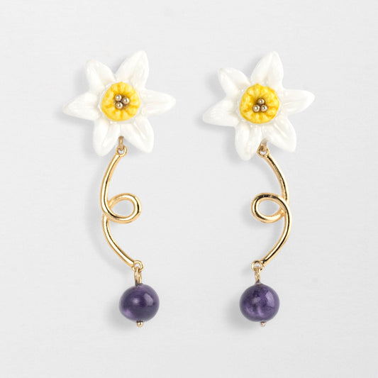 Nach Daffodil Flower Porcelain Pendant Earrings, Handmade, Hand Painted
